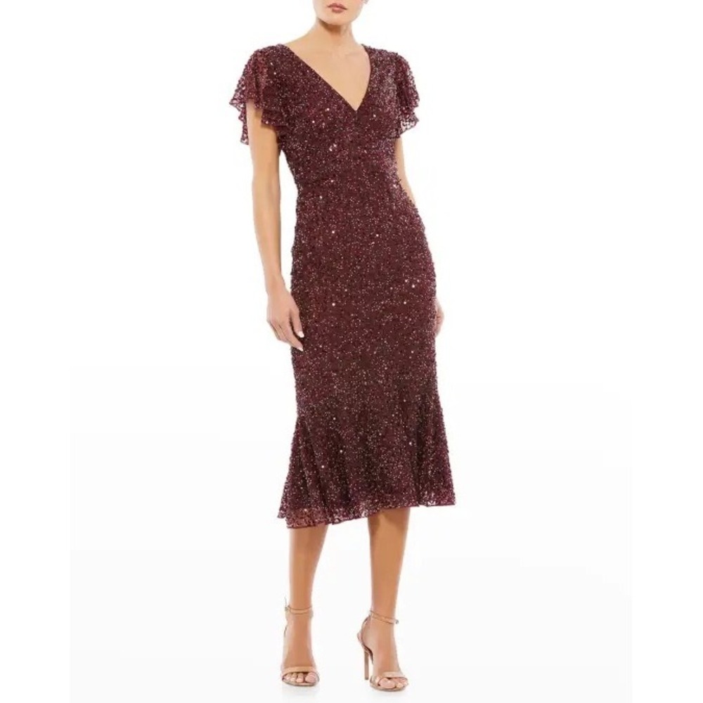 Mac Duggal Burgundy Sequin Flutter Sleeve Midi Dress 10801 Wine Red Size 2